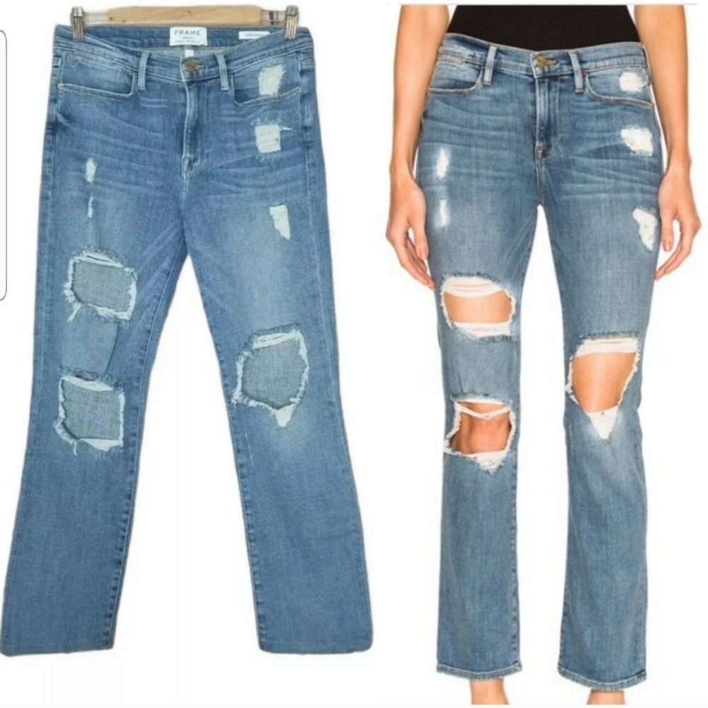 Frame Denim Blue Distressed Straight Leg Jeans